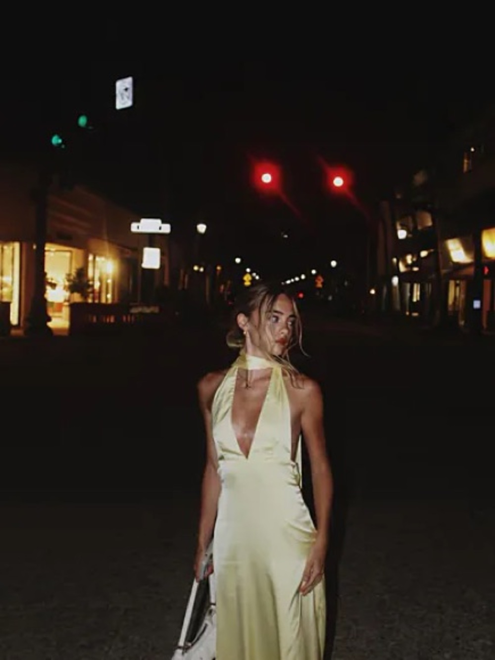 Peppermayo Alicia Satin Halter Maxi Dress in Pale Yellow